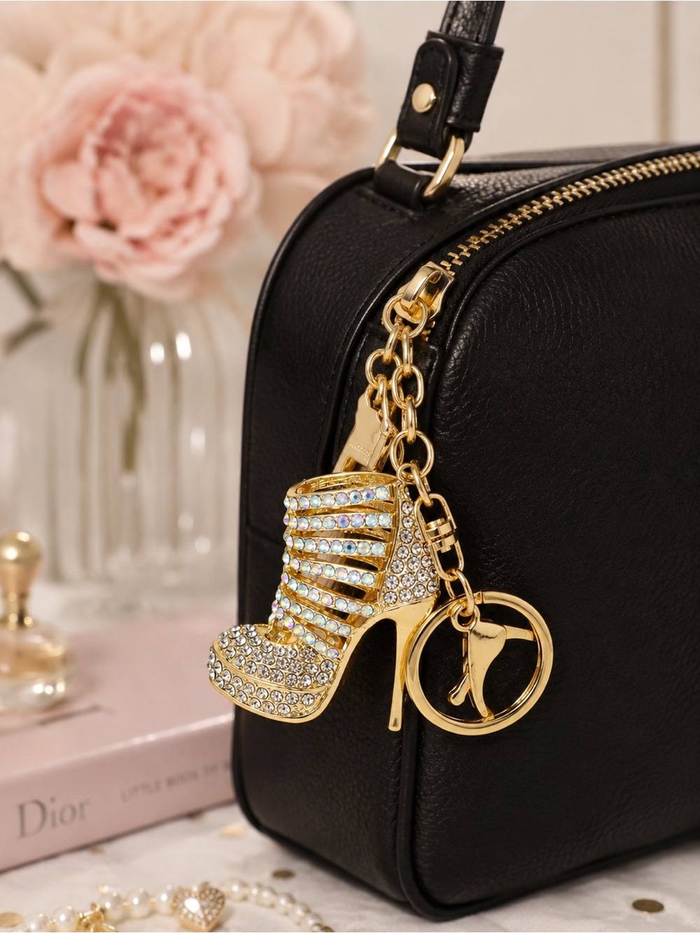 Rhinestone AB High Heel Shoe Keychain Gold Purse Charm